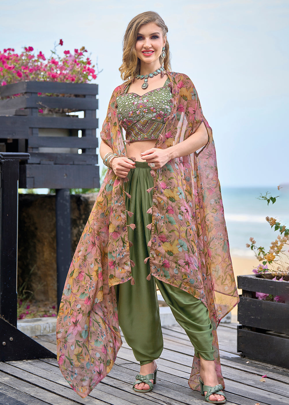 Buy Now Green Satin Silk Embroidered Dhoti Style Crop Top Suit Online in USA, UK, Canada, Germany, Australia & Worldwide at Empress Clothing
