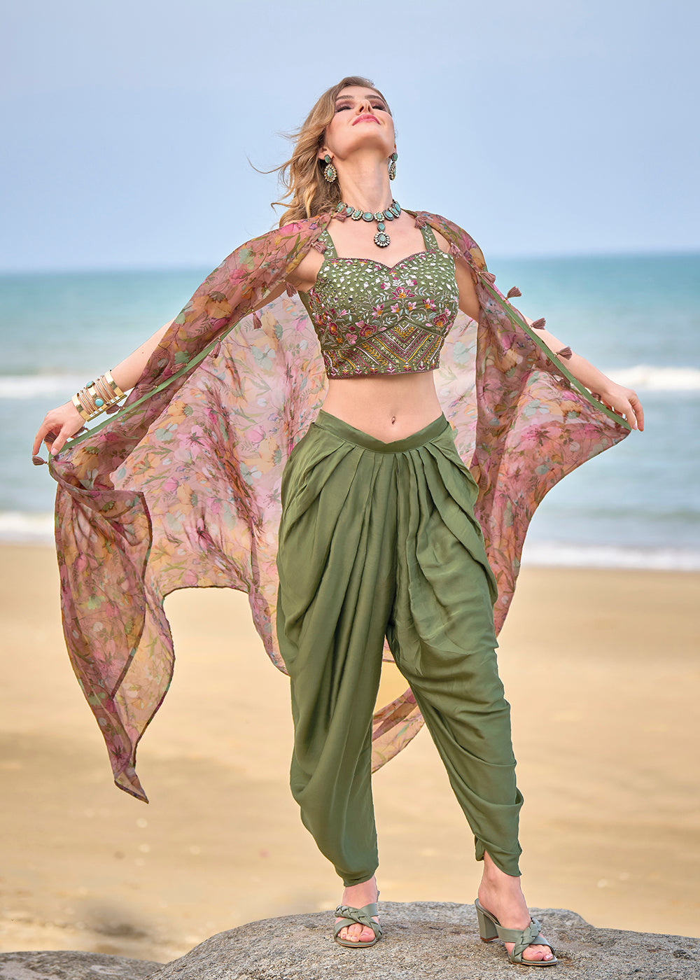 Green Satin Silk Embroidered Dhoti Style Crop Top Suit Green Satin Silk Embroidered Dhoti Style Crop Top Suit