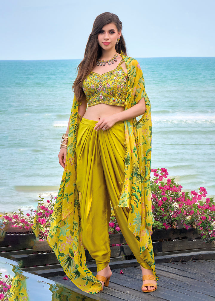 Buy Now Mustard Satin Silk Embroidered Dhoti Style Crop Top Suit Online in USA, UK, Canada, Germany, Australia & Worldwide at Empress Clothing. 