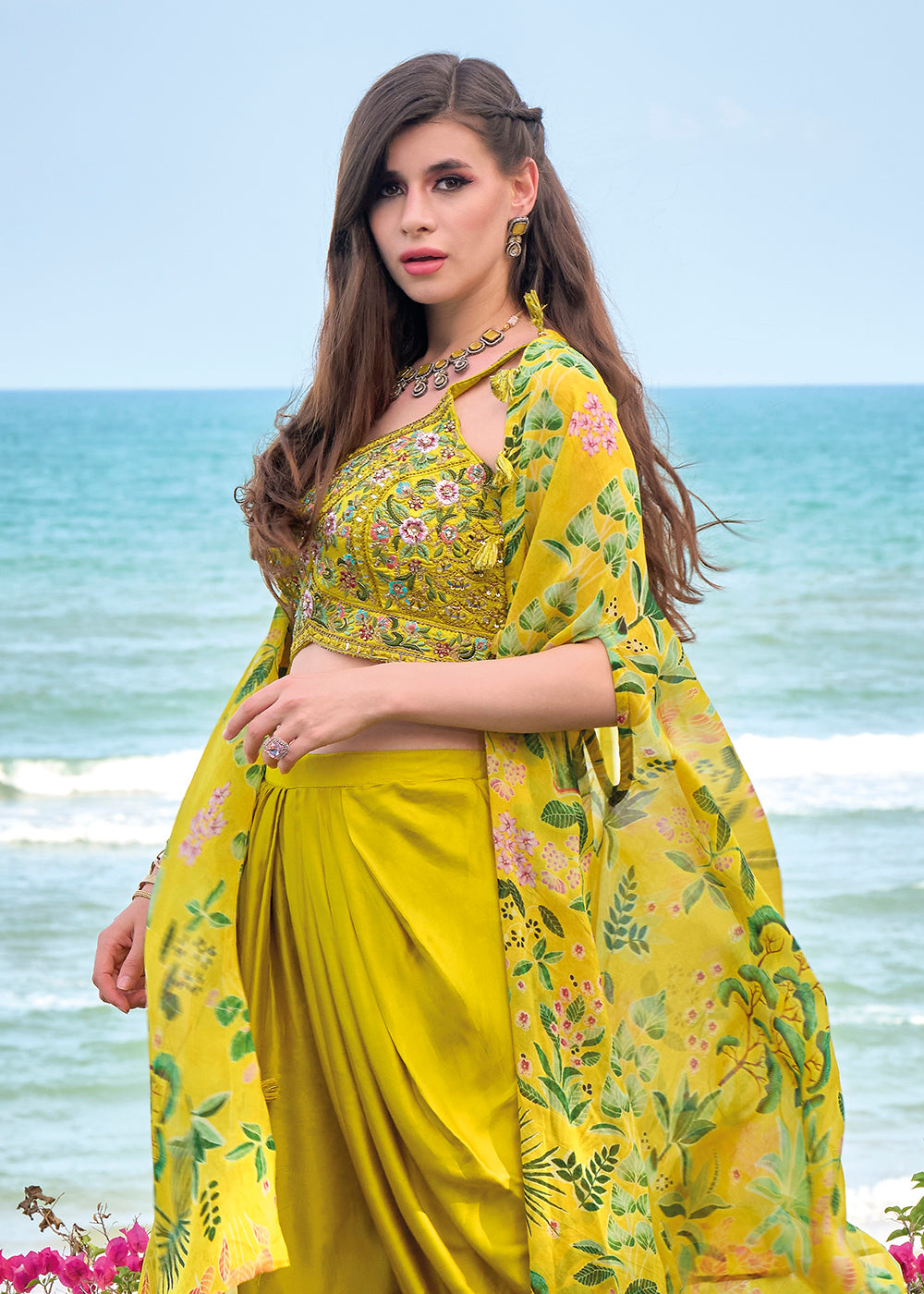 Buy Now Mustard Satin Silk Embroidered Dhoti Style Crop Top Suit Online in USA, UK, Canada, Germany, Australia & Worldwide at Empress Clothing. 