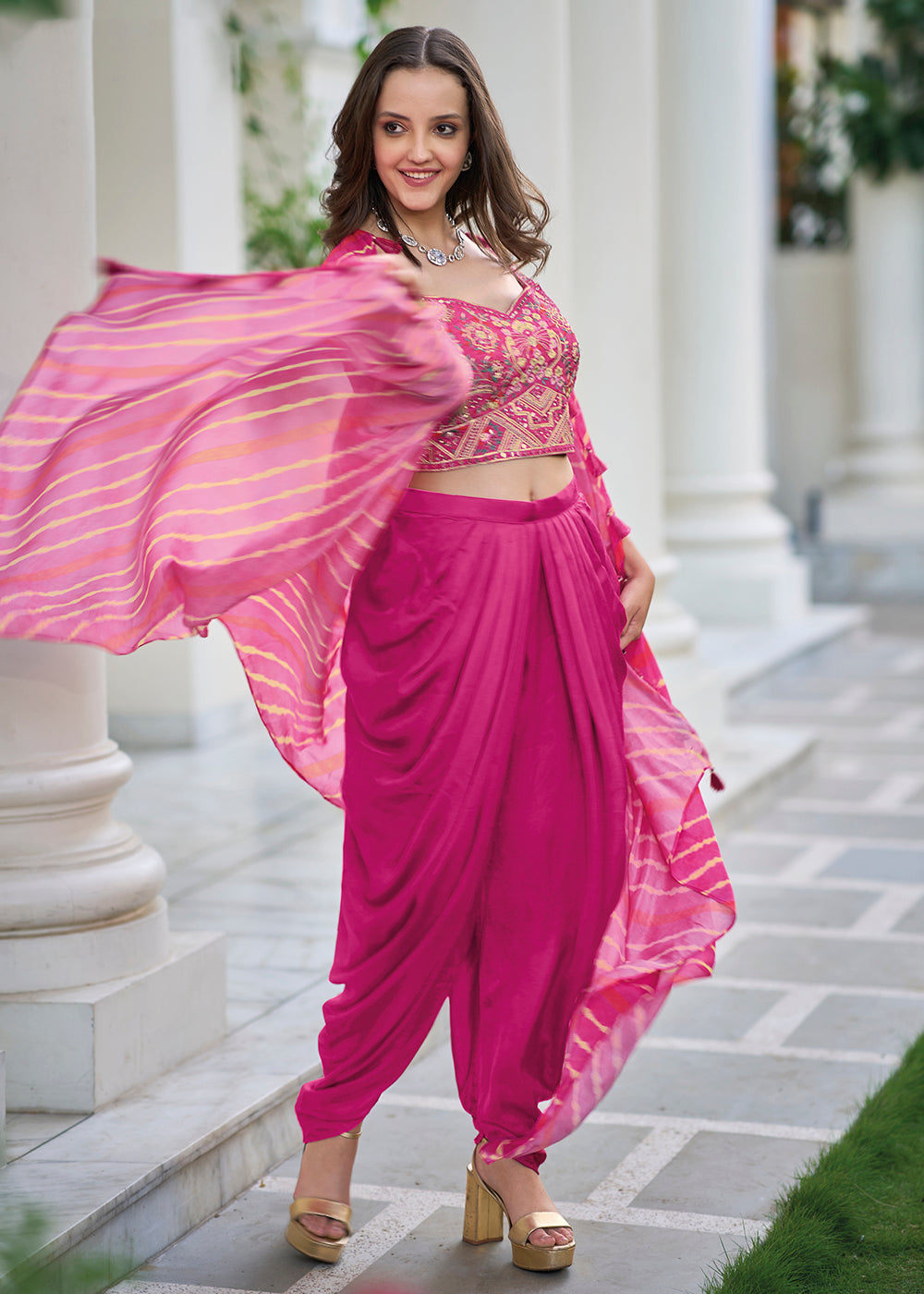 Buy Now Pink Satin Silk Embroidered Dhoti Style Crop Top Suit Online in USA, UK, Canada, Germany, Australia & Worldwide at Empress Clothing. 