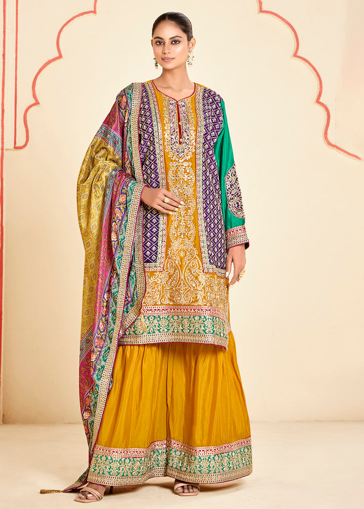 Buy Now Trendy Multi Mustard Chinnon Embroidered Palazzo Suit Online in USA, UK, Canada, Germany, Italy, France, Austria, UAE & Worldwide at Empress Clothing.