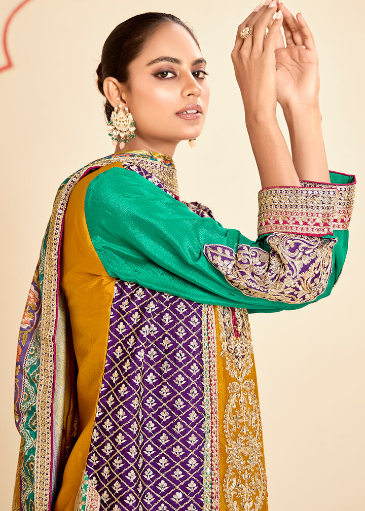 Buy Now Trendy Multi Mustard Chinnon Embroidered Palazzo Suit Online in USA, UK, Canada, Germany, Italy, France, Austria, UAE & Worldwide at Empress Clothing.