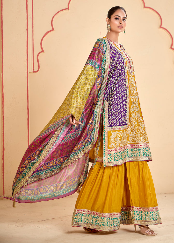 Buy Now Trendy Multi Mustard Chinnon Embroidered Palazzo Suit Online in USA, UK, Canada, Germany, Italy, France, Austria, UAE & Worldwide at Empress Clothing.