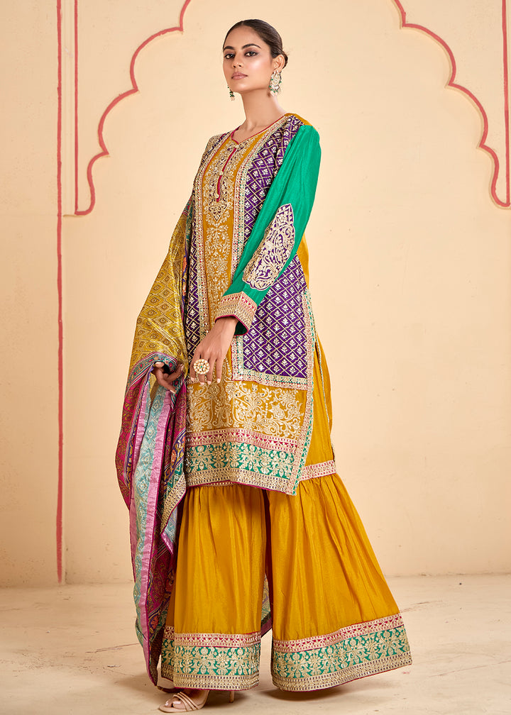 Buy Now Trendy Multi Mustard Chinnon Embroidered Palazzo Suit Online in USA, UK, Canada, Germany, Italy, France, Austria, UAE & Worldwide at Empress Clothing.