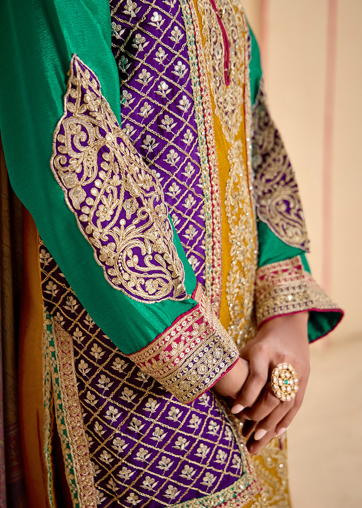 Buy Now Trendy Multi Mustard Chinnon Embroidered Palazzo Suit Online in USA, UK, Canada, Germany, Italy, France, Austria, UAE & Worldwide at Empress Clothing.