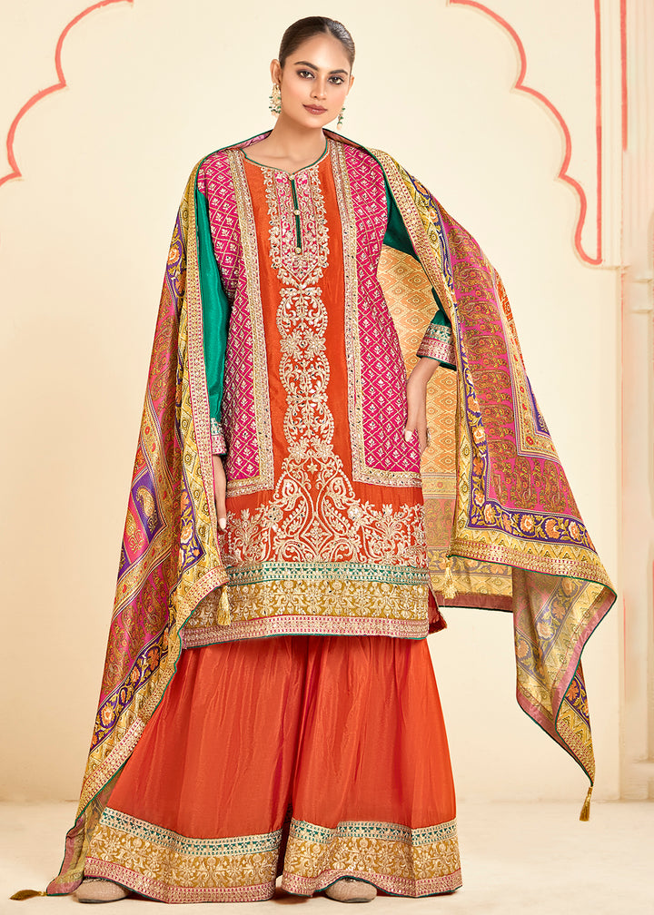Buy Now Trendy Multi Orange Chinnon Embroidered Palazzo Suit Online in USA, UK, Canada, Germany, Italy, France, Austria, UAE & Worldwide at Empress Clothing.