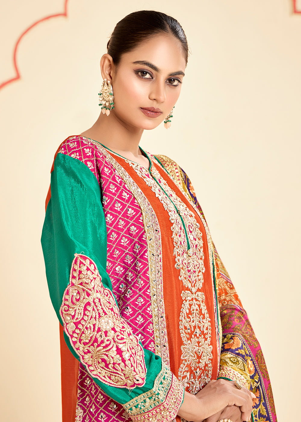 Buy Now Trendy Multi Orange Chinnon Embroidered Palazzo Suit Online in USA, UK, Canada, Germany, Italy, France, Austria, UAE & Worldwide at Empress Clothing.