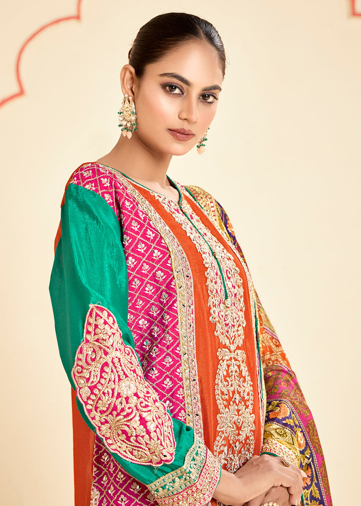 Buy Now Trendy Multi Orange Chinnon Embroidered Palazzo Suit Online in USA, UK, Canada, Germany, Italy, France, Austria, UAE & Worldwide at Empress Clothing.