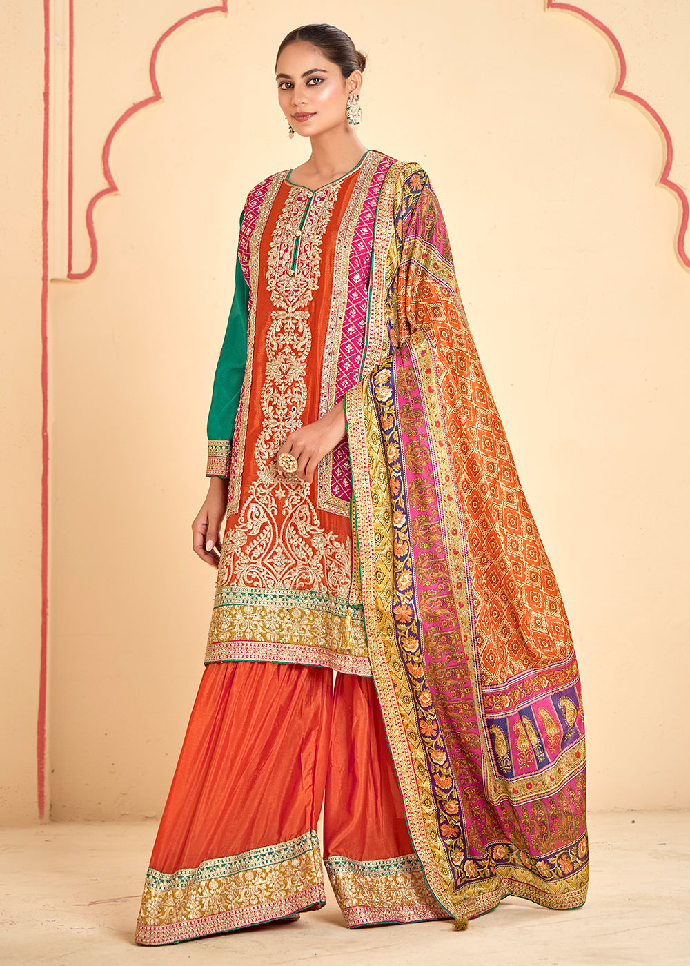 Buy Now Trendy Multi Orange Chinnon Embroidered Palazzo Suit Online in USA, UK, Canada, Germany, Italy, France, Austria, UAE & Worldwide at Empress Clothing.