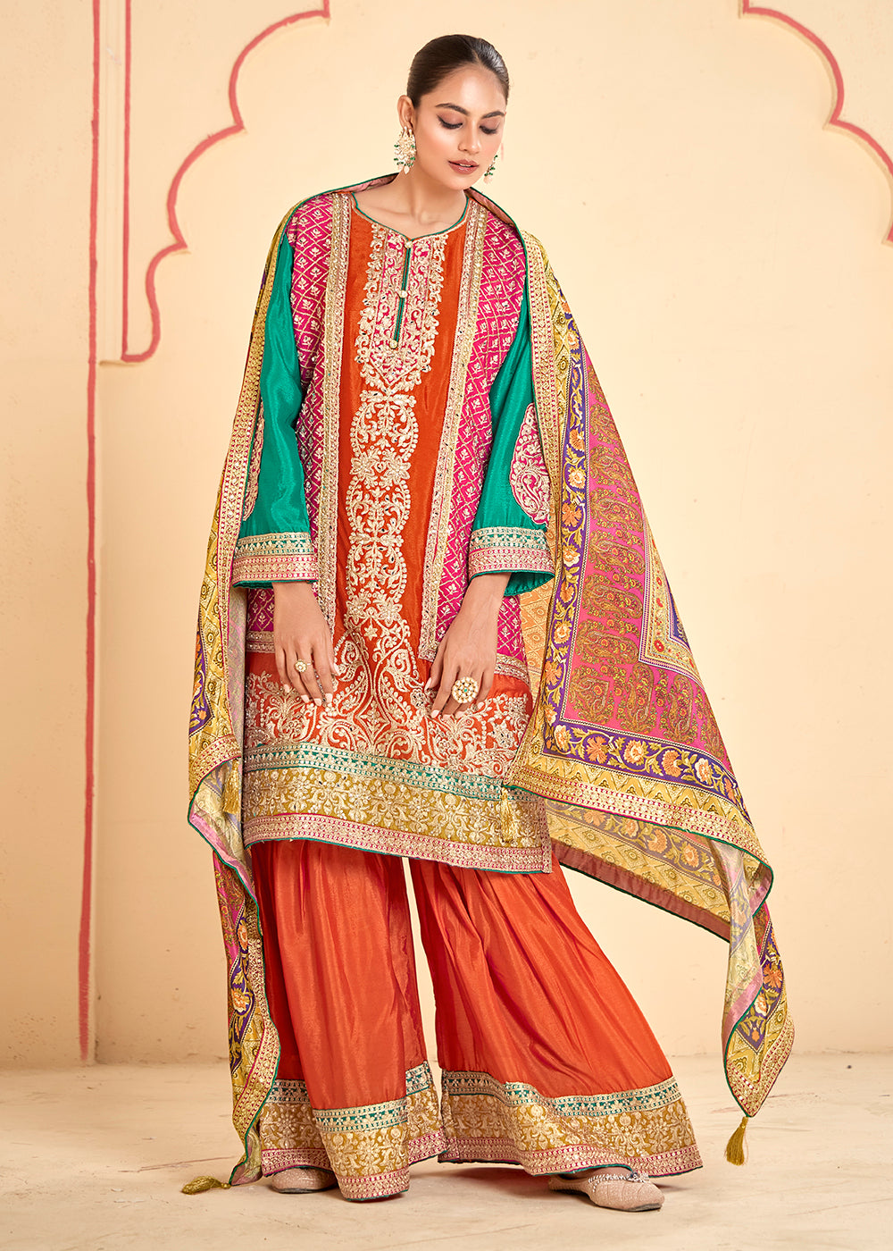 Buy Now Trendy Multi Orange Chinnon Embroidered Palazzo Suit Online in USA, UK, Canada, Germany, Italy, France, Austria, UAE & Worldwide at Empress Clothing.