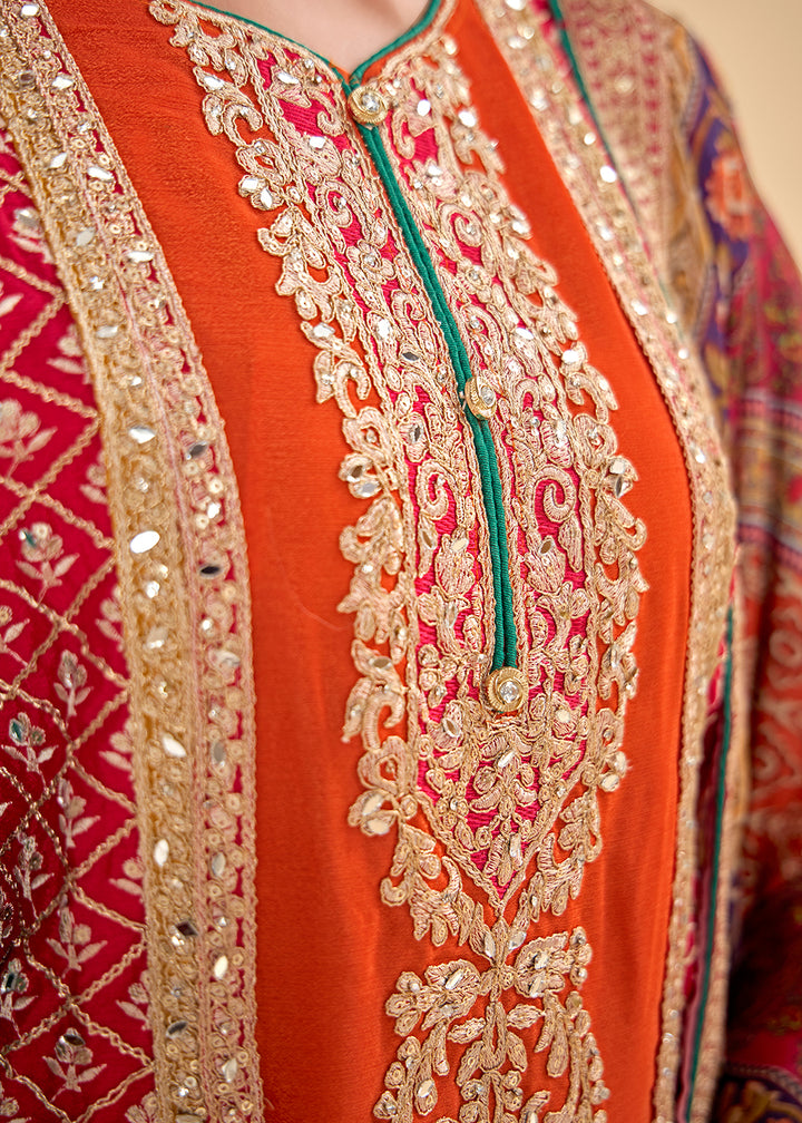 Buy Now Trendy Multi Orange Chinnon Embroidered Palazzo Suit Online in USA, UK, Canada, Germany, Italy, France, Austria, UAE & Worldwide at Empress Clothing.
