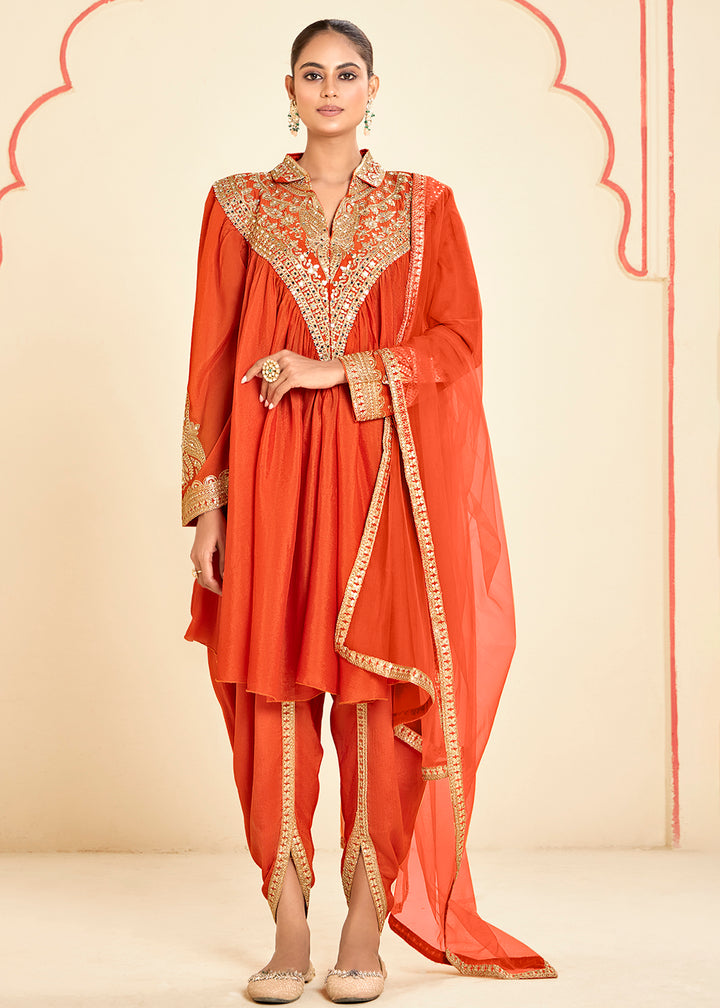 Buy Now Lovely Orange Chinnon Zari Embroidered Tulip Style Dress Online in USA, UK, Canada, Germany, Italy, France, Austria, UAE & Worldwide at Empress Clothing.