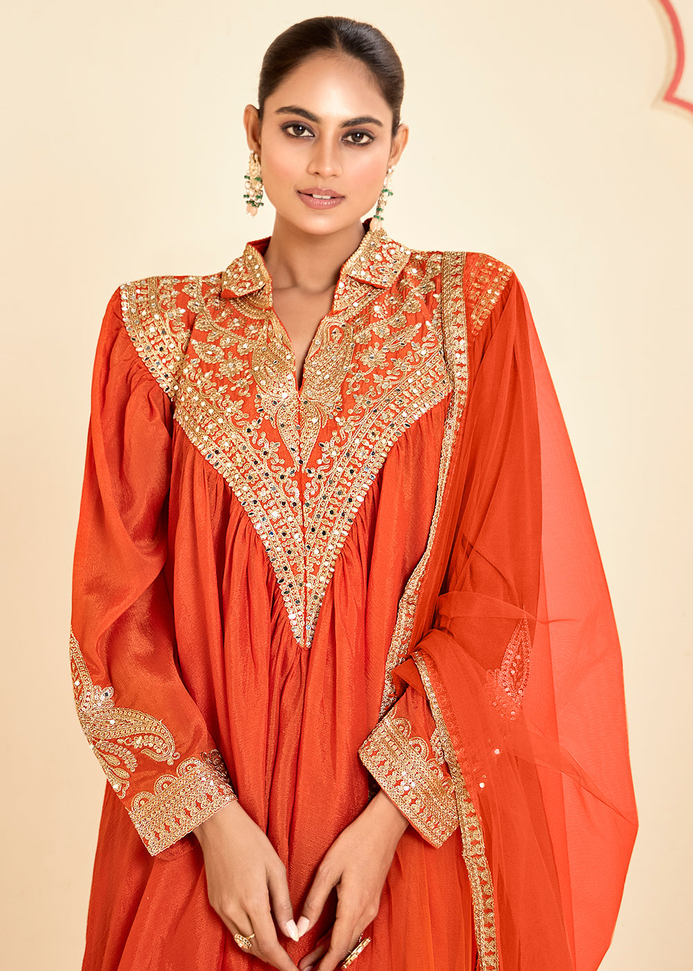 Buy Now Lovely Orange Chinnon Zari Embroidered Tulip Style Dress Online in USA, UK, Canada, Germany, Italy, France, Austria, UAE & Worldwide at Empress Clothing.