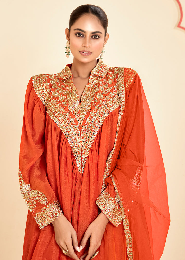 Buy Now Lovely Orange Chinnon Zari Embroidered Tulip Style Dress Online in USA, UK, Canada, Germany, Italy, France, Austria, UAE & Worldwide at Empress Clothing.