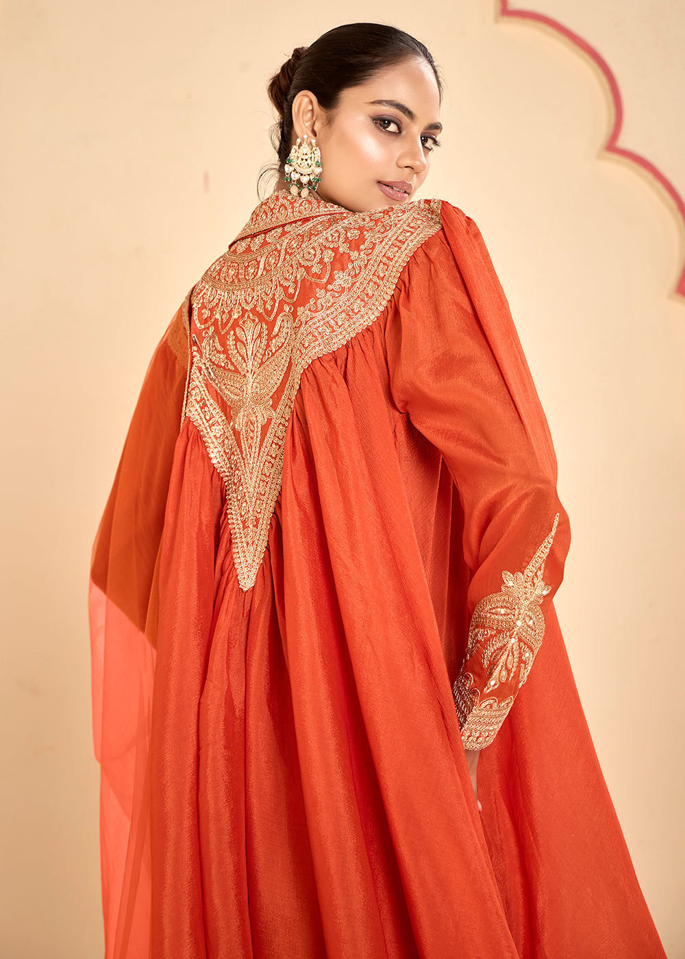 Buy Now Lovely Orange Chinnon Zari Embroidered Tulip Style Dress Online in USA, UK, Canada, Germany, Italy, France, Austria, UAE & Worldwide at Empress Clothing.