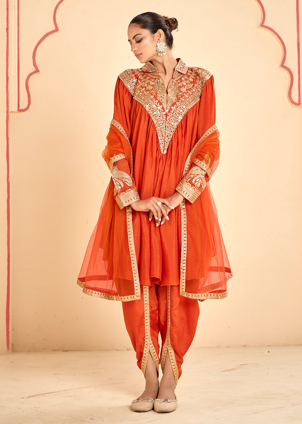 Buy Now Lovely Orange Chinnon Zari Embroidered Tulip Style Dress Online in USA, UK, Canada, Germany, Italy, France, Austria, UAE & Worldwide at Empress Clothing.