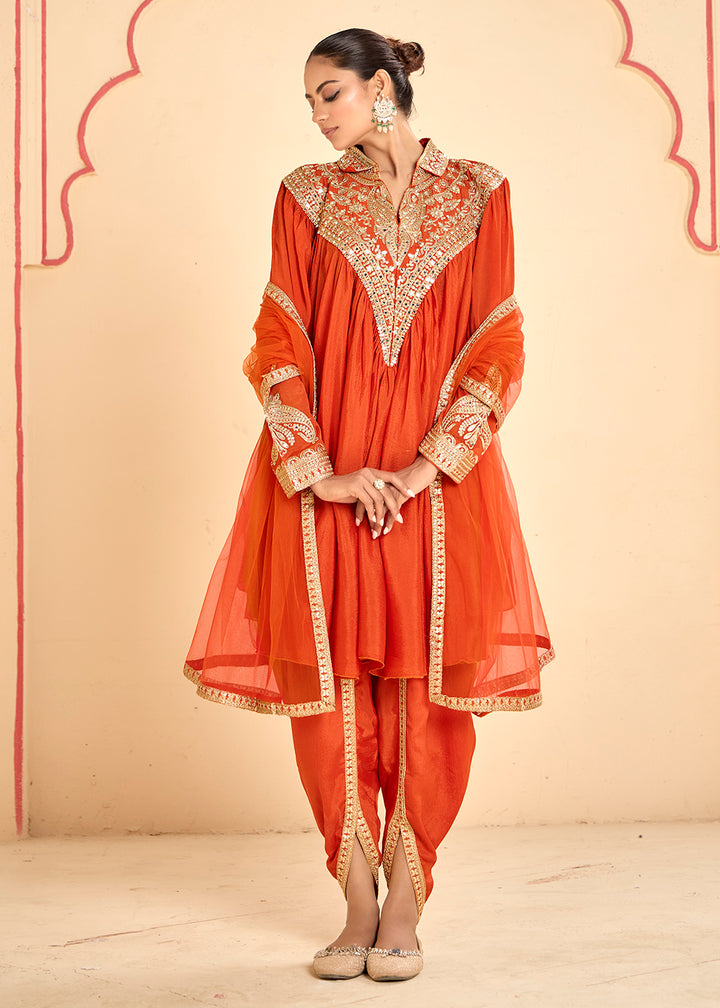 Buy Now Lovely Orange Chinnon Zari Embroidered Tulip Style Dress Online in USA, UK, Canada, Germany, Italy, France, Austria, UAE & Worldwide at Empress Clothing.