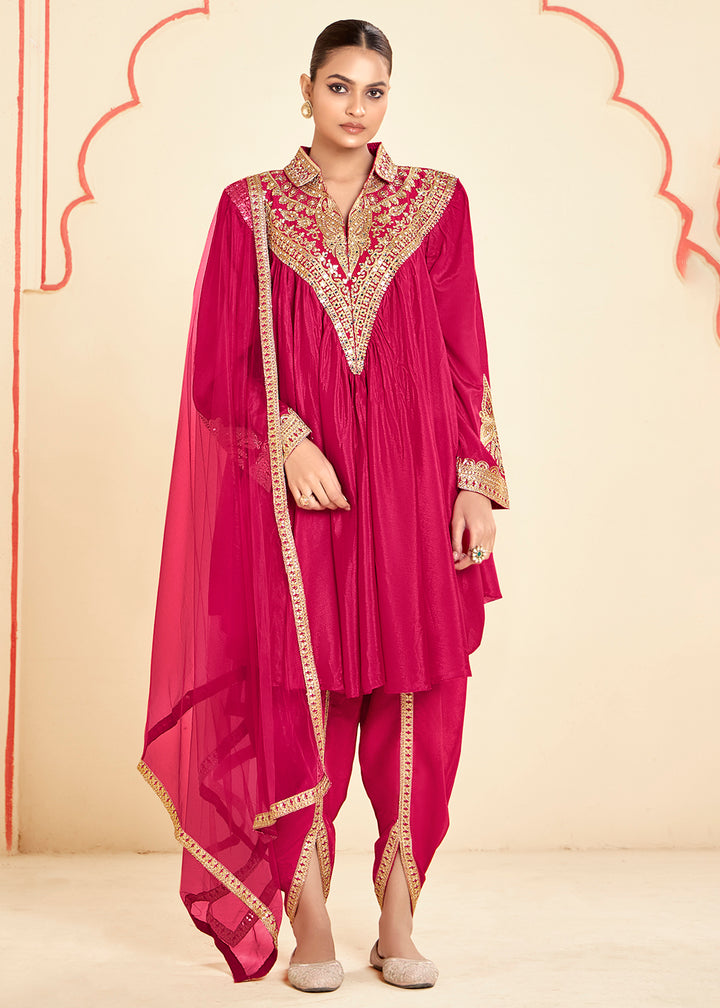 Buy Now Lovely Pink Chinnon Zari Embroidered Tulip Style Dress Online in USA, UK, Canada, Germany, Italy, France, Austria, UAE & Worldwide at Empress Clothing.