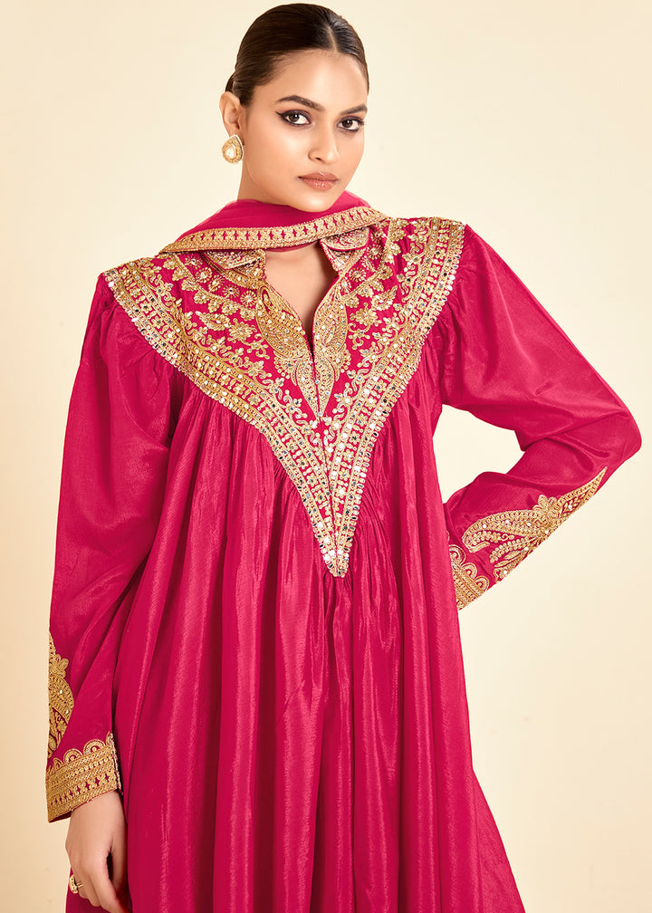 Buy Now Lovely Pink Chinnon Zari Embroidered Tulip Style Dress Online in USA, UK, Canada, Germany, Italy, France, Austria, UAE & Worldwide at Empress Clothing.
