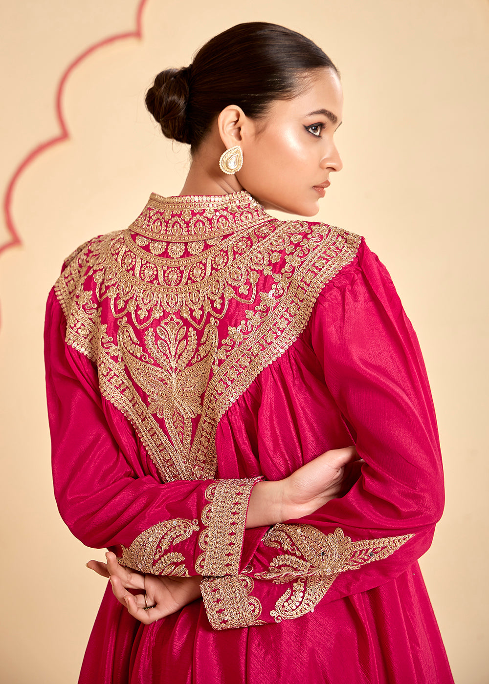 Buy Now Lovely Pink Chinnon Zari Embroidered Tulip Style Dress Online in USA, UK, Canada, Germany, Italy, France, Austria, UAE & Worldwide at Empress Clothing.