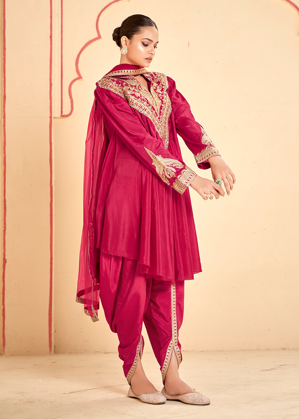 Buy Now Lovely Pink Chinnon Zari Embroidered Tulip Style Dress Online in USA, UK, Canada, Germany, Italy, France, Austria, UAE & Worldwide at Empress Clothing.