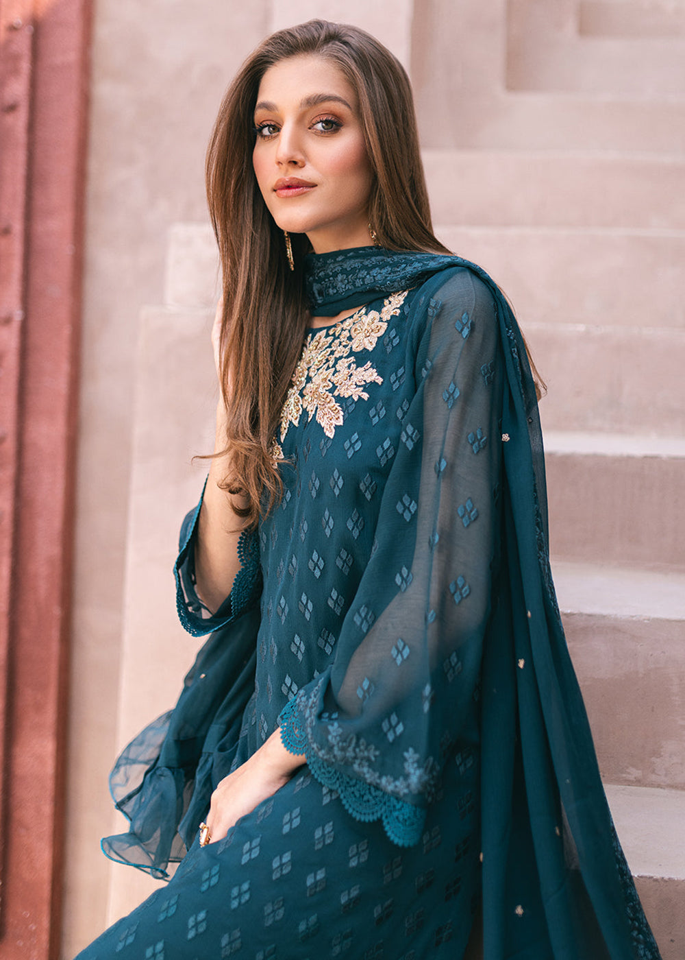 Buy Now Embroidered Ensembles 3 Pcs by Azure | Emerald Bloom Online at Empress Online in USA, UK, Canada & Worldwide at Empress Clothing. 