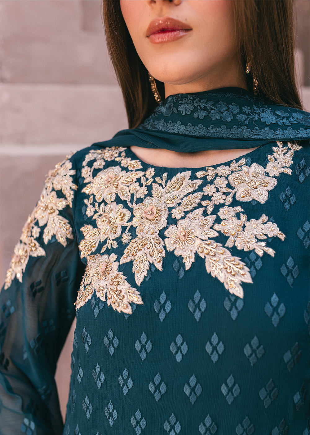 Buy Now Embroidered Ensembles 3 Pcs by Azure | Emerald Bloom Online at Empress Online in USA, UK, Canada & Worldwide at Empress Clothing. 