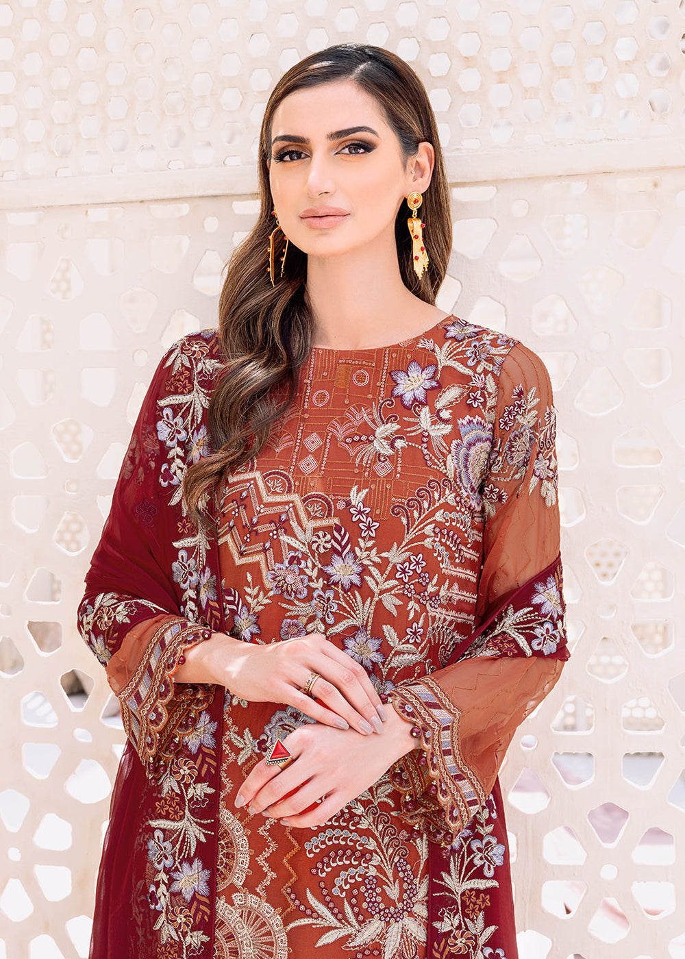 Buy Now Orange Embroidered Suit - Chiffon Vol 23 by Ramsha - #F-2303 Online in USA, UK, Canada & Worldwide at Empress Clothing. 
