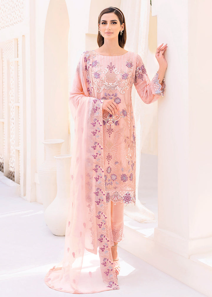Buy Now Peach Embroidered Suit - Chiffon Vol 23 by Ramsha - #F-2304 Online in USA, UK, Canada & Worldwide at Empress Clothing. 