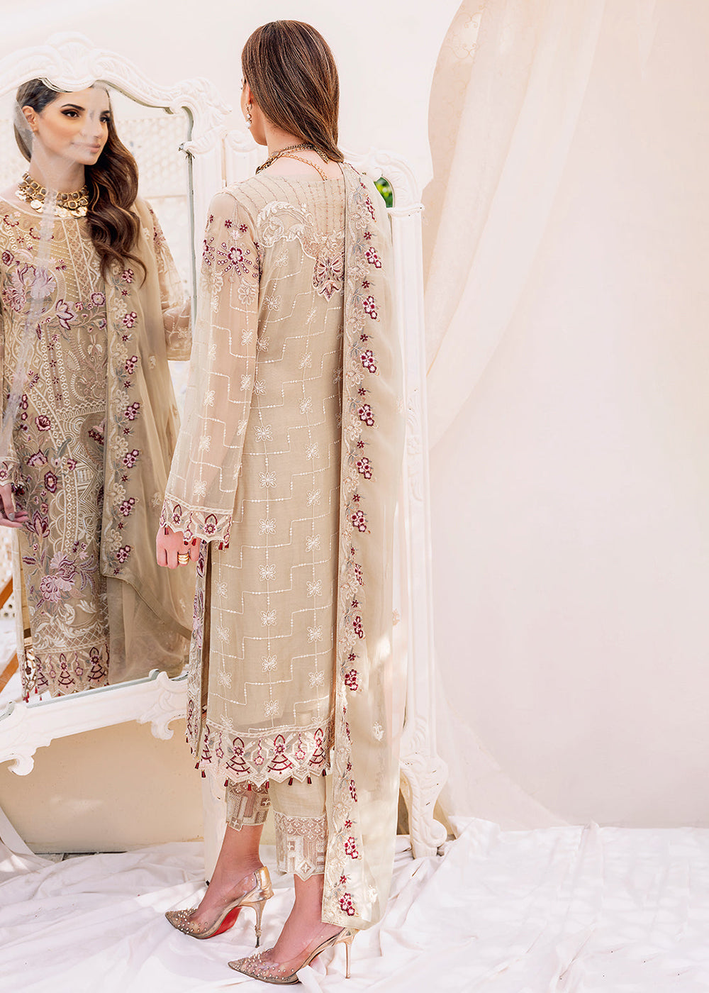 Buy Now Beige Embroidered Suit - Chiffon Vol 23 by Ramsha - #F-2306 Online in USA, UK, Canada & Worldwide at Empress Clothing. 