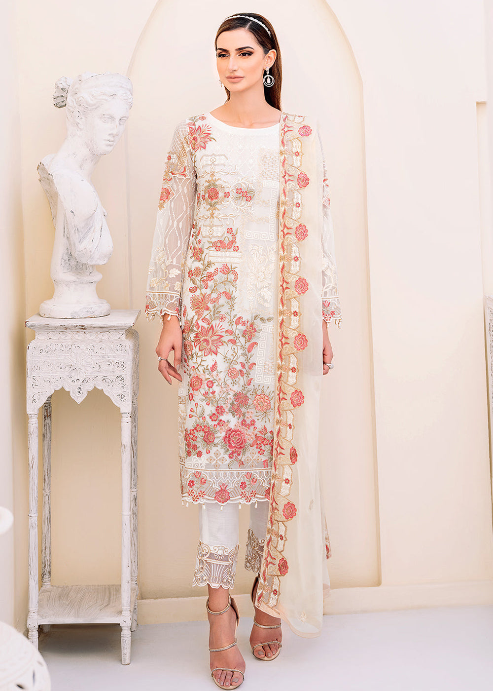 Buy Now White Embroidered Suit - Chiffon Vol 23 by Ramsha - #F-2308 Online in USA, UK, Canada & Worldwide at Empress Clothing.