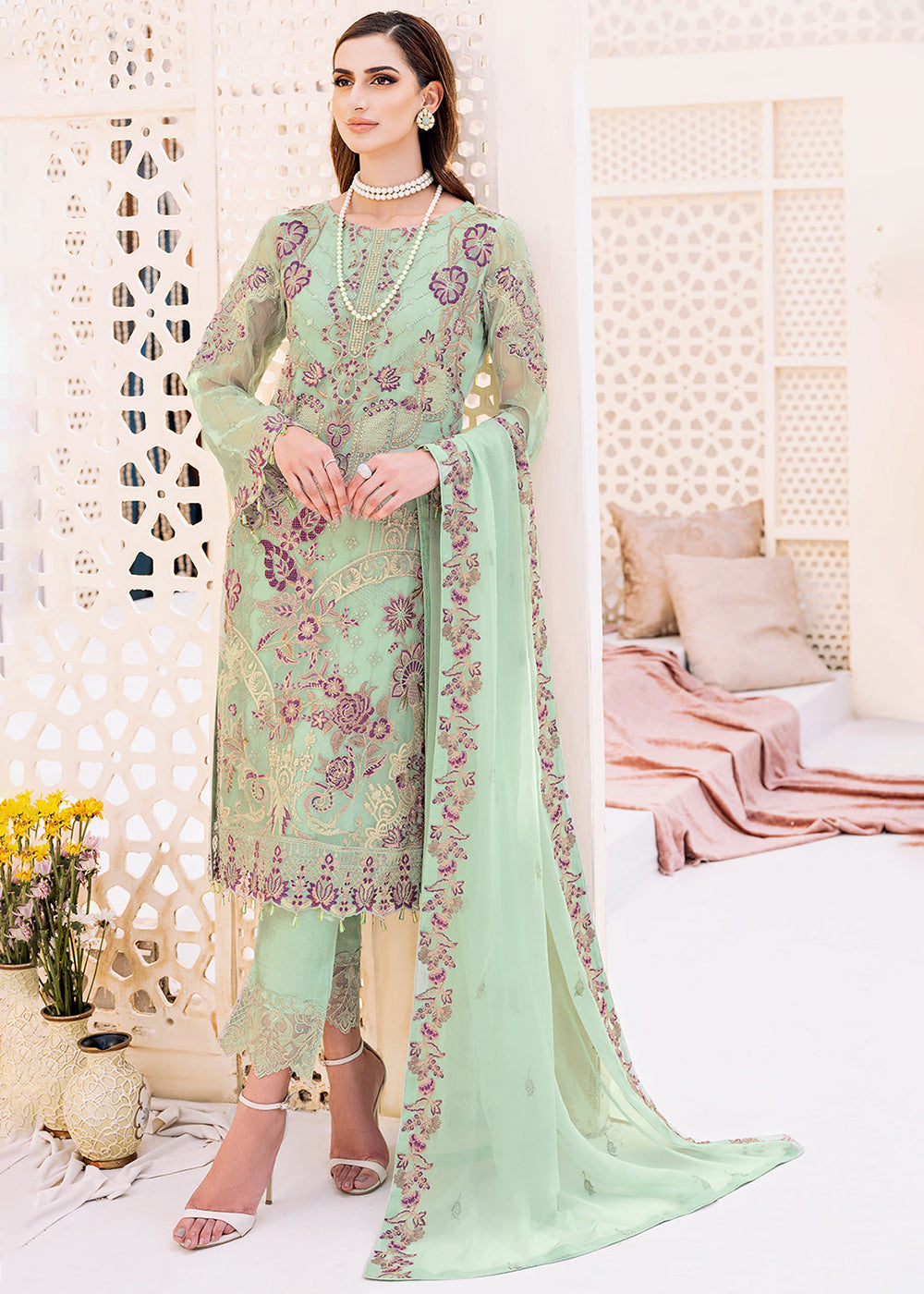 Buy Now Green Embroidered Suit - Chiffon Vol 23 by Ramsha - #F-2309 Online in USA, UK, Canada & Worldwide at Empress Clothing. 