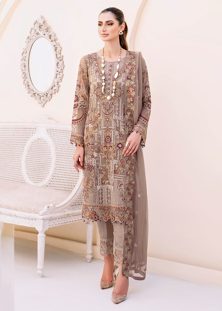 Buy Now Brown Embroidered Suit - Chiffon Vol 23 by Ramsha - #F-2311 Online in USA, UK, Canada & Worldwide at Empress Clothing. 