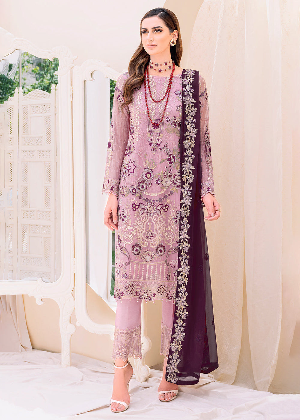 Buy Now Mauve Embroidered Suit - Chiffon Vol 23 by Ramsha - #F-2312 Online in USA, UK, Canada & Worldwide at Empress Clothing.