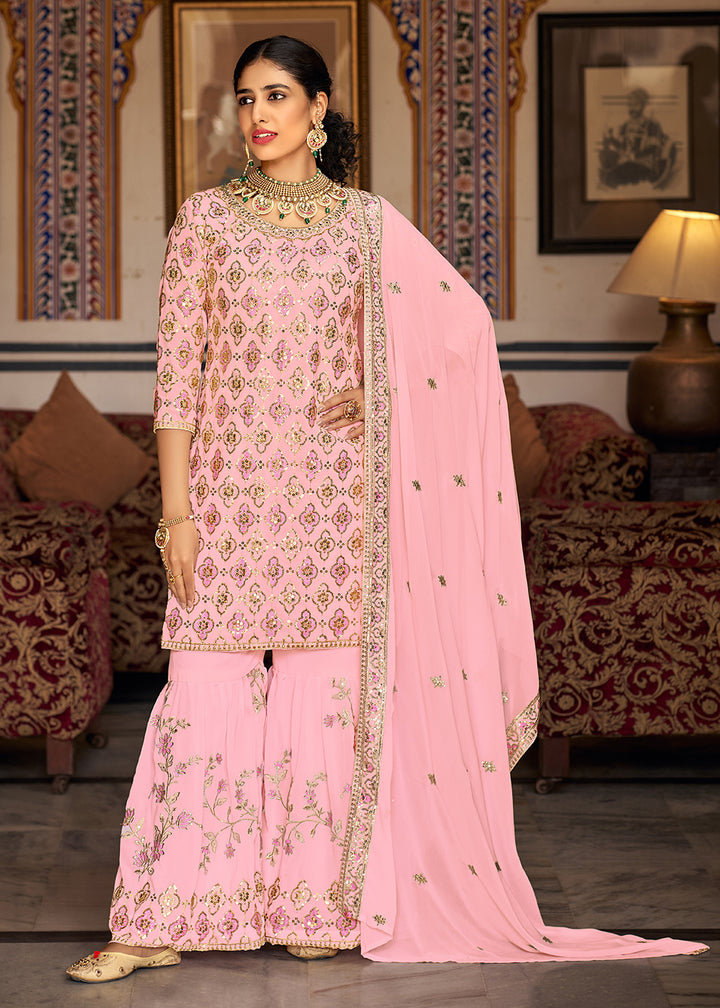 Shop Now Heavy Georgette Pink Sequins Embroidered Gharara Suit Online at Empress Clothing in USA, UK, Canada, Italy & Worldwide.