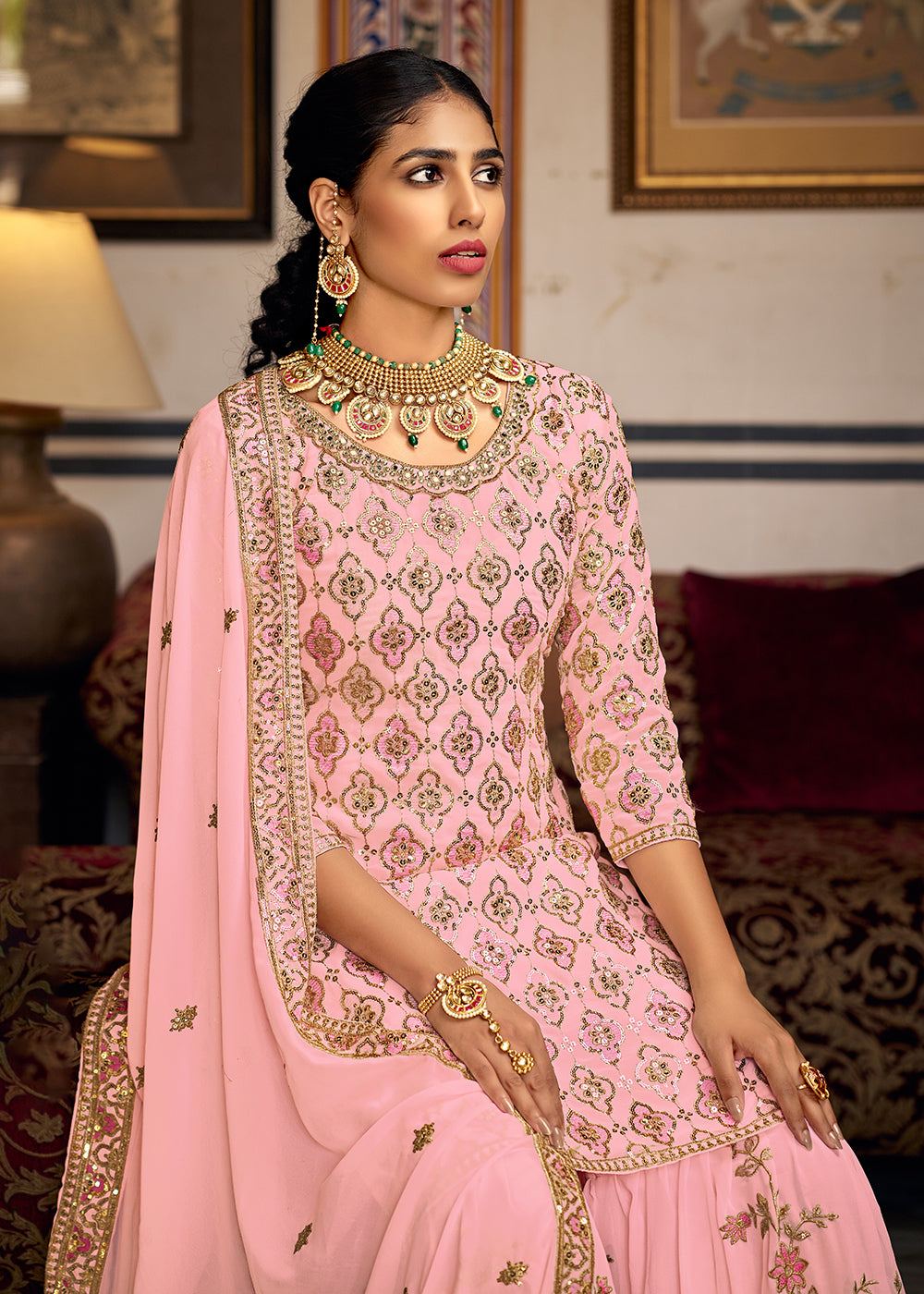 Shop Now Heavy Georgette Pink Sequins Embroidered Gharara Suit Online at Empress Clothing in USA, UK, Canada, Italy & Worldwide.