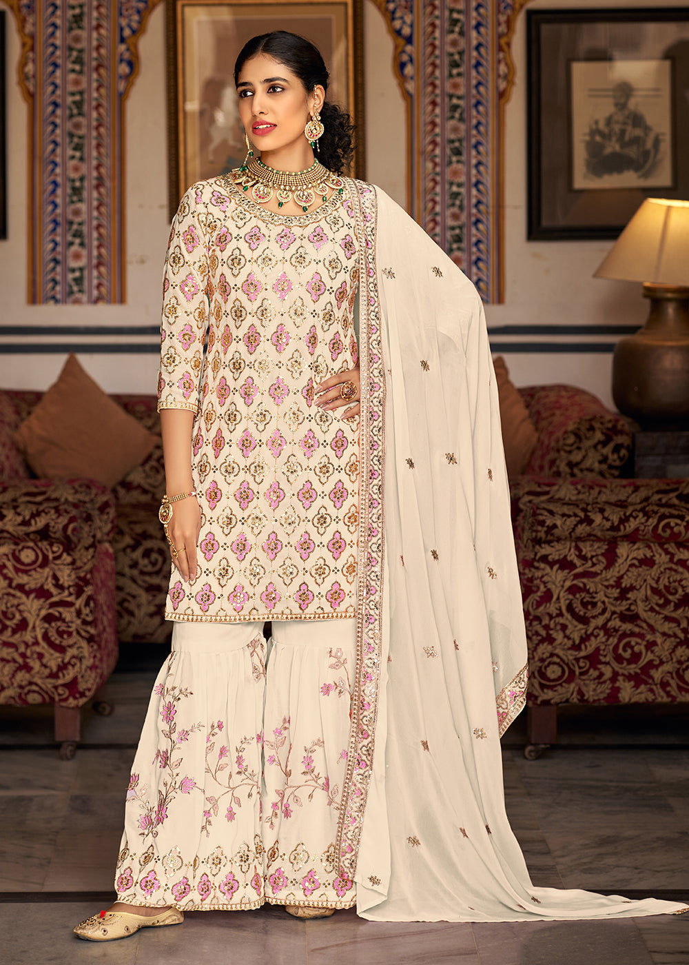 Buy White Embroidery V Neck Kurta Sharara Set For Women by Angad Singh  Online at Aza Fashions.