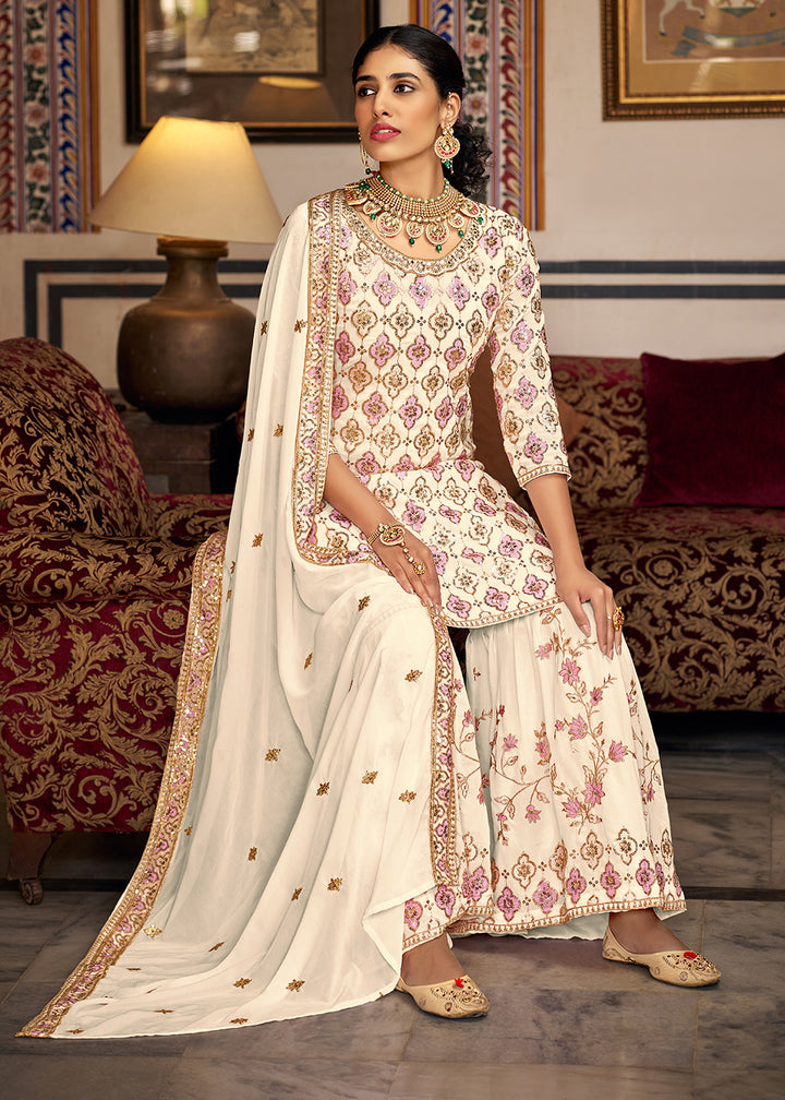 Shop Now Heavy Georgette Cream Sequins Embroidered Gharara Suit Online at Empress Clothing in USA, UK, Canada, Italy & Worldwide.