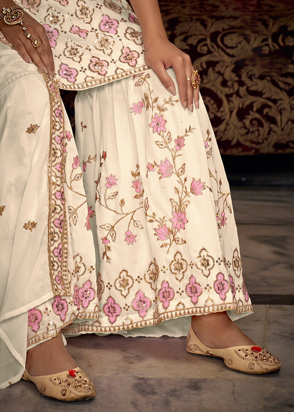 Shop Now Heavy Georgette Cream Sequins Embroidered Gharara Suit Online at Empress Clothing in USA, UK, Canada, Italy & Worldwide.