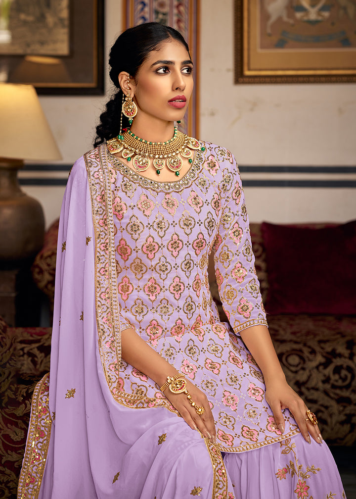 Shop Now Heavy Georgette Lavender Sequins Embroidered Gharara Suit Online at Empress Clothing in USA, UK, Canada, Italy & Worldwide.