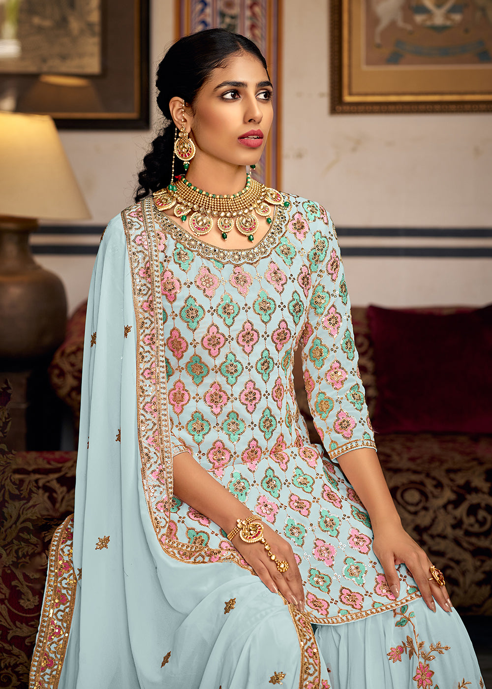 Shop Now Heavy Georgette Blue Sequins Embroidered Gharara Suit Online at Empress Clothing in USA, UK, Canada, Italy & Worldwide.