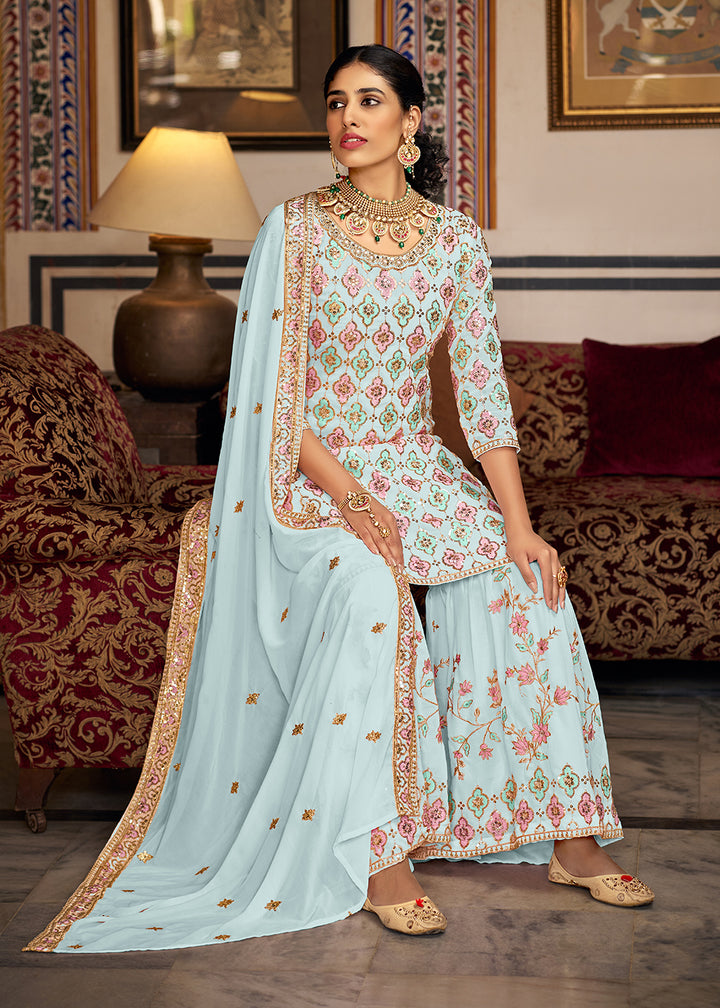 Shop Now Heavy Georgette Blue Sequins Embroidered Gharara Suit Online at Empress Clothing in USA, UK, Canada, Italy & Worldwide.