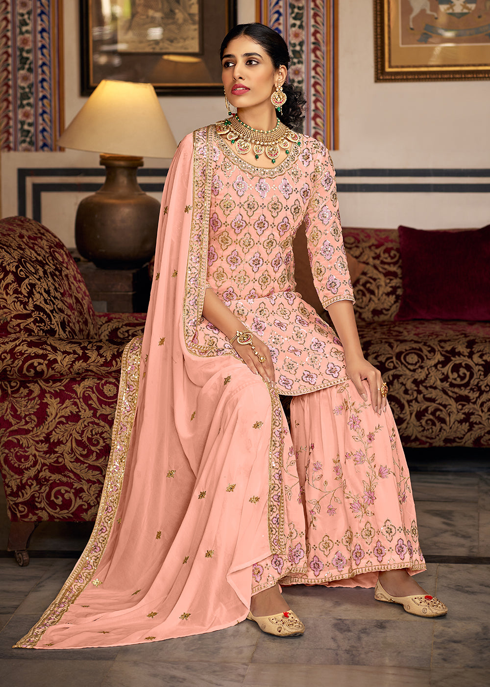 Shop Now Heavy Georgette Peach Sequins Embroidered Gharara Suit Online at Empress Clothing in USA, UK, Canada, Italy & Worldwide.