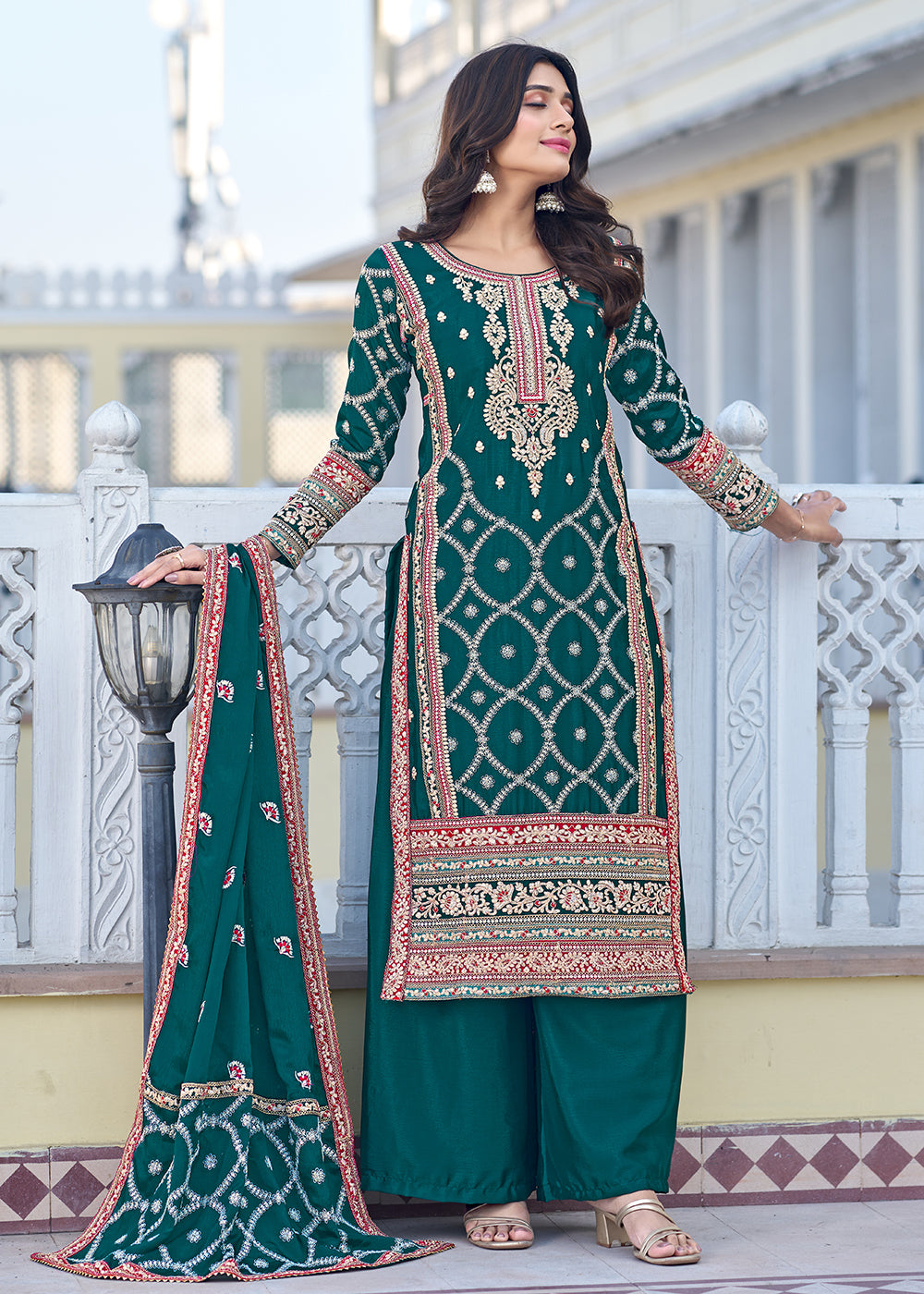 Buy Now Palazzo Style Teal Green Chinnon Embroidered Salwar Suit Online in USA, UK, Canada, Germany, Australia & Worldwide at Empress Clothing. 