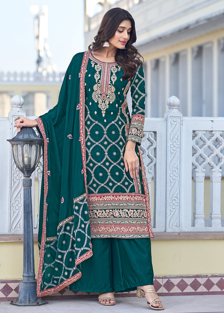 Buy Now Palazzo Style Teal Green Chinnon Embroidered Salwar Suit Online in USA, UK, Canada, Germany, Australia & Worldwide at Empress Clothing. 