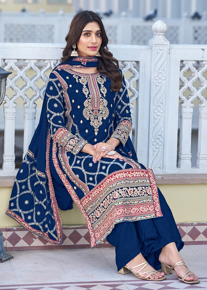 Buy Now Palazzo Style Prussian Blue Chinnon Embroidered Salwar Suit Online in USA, UK, Canada, Germany, Australia & Worldwide at Empress Clothing. 