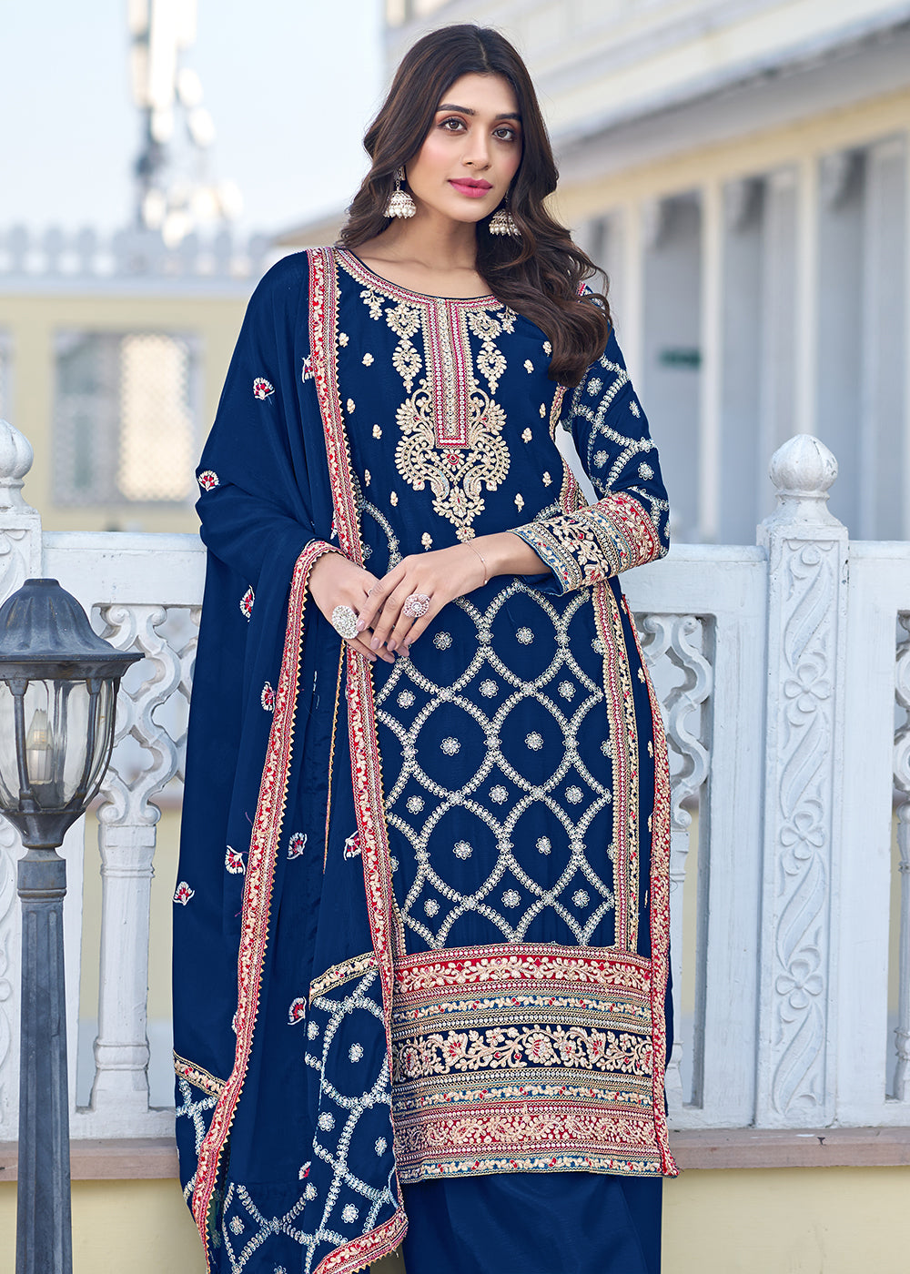 Buy Now Palazzo Style Prussian Blue Chinnon Embroidered Salwar Suit Online in USA, UK, Canada, Germany, Australia & Worldwide at Empress Clothing. 