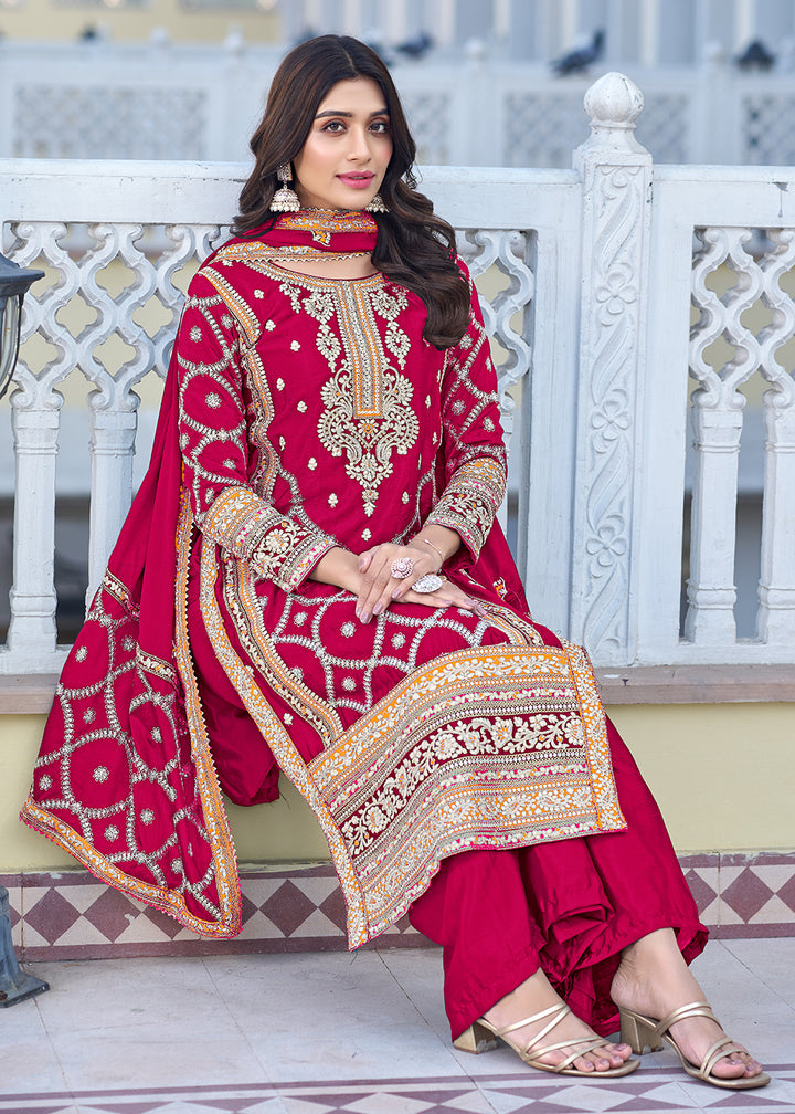 Buy Now Palazzo Style Hot Pink Chinnon Embroidered Salwar Suit Online in USA, UK, Canada, Germany, Australia & Worldwide at Empress Clothing. 