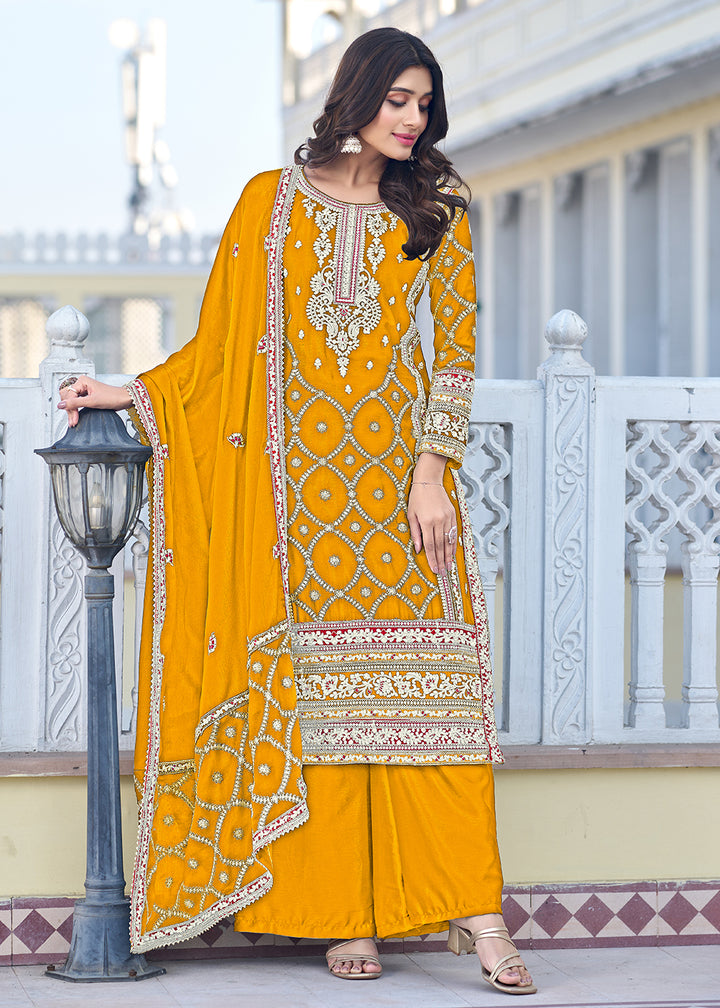 Buy Now Palazzo Style Yellow Chinnon Embroidered Salwar Suit Online in USA, UK, Canada, Germany, Australia & Worldwide at Empress Clothing. 
